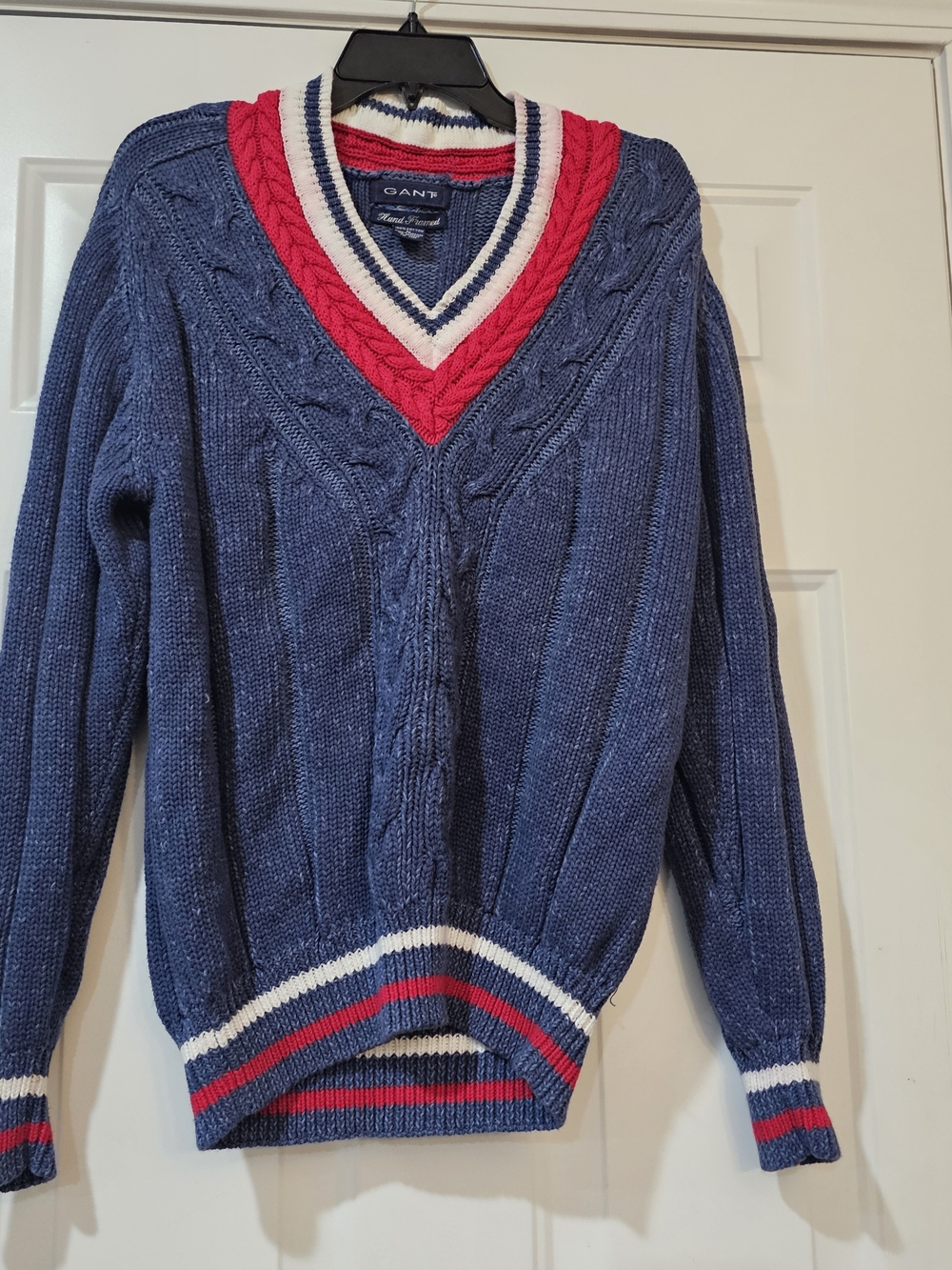 Gant Navy Cable-Knit V-Neck Sweater with Red & White Trim